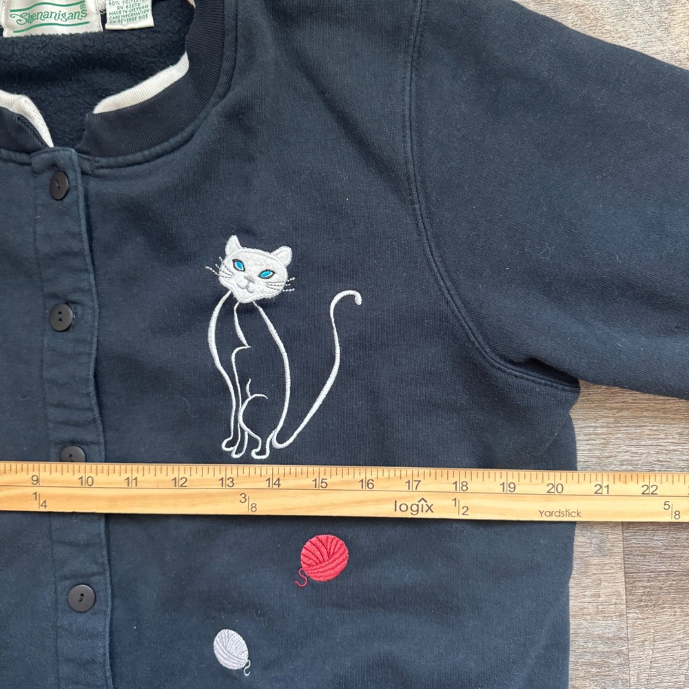 Shenanigans Women Blue Button Up Cat Yarn Embroidered Granny Sweater Cardigan L - Picture 5 of 6